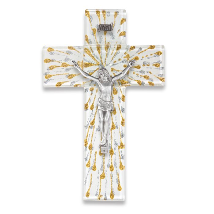 Silver and Gold on White Glass Crucuifix