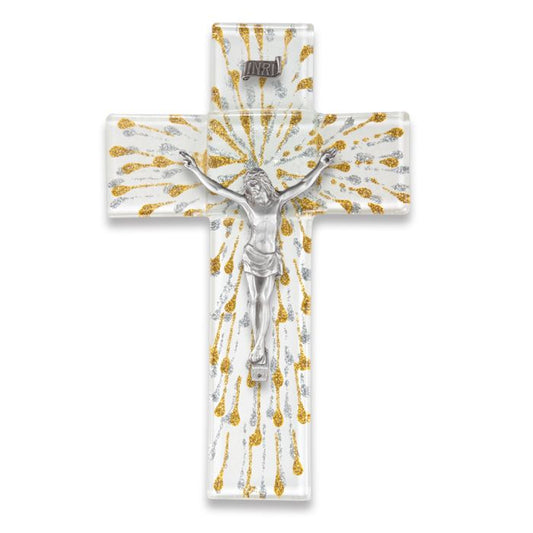 Silver and Gold on White Glass Crucuifix