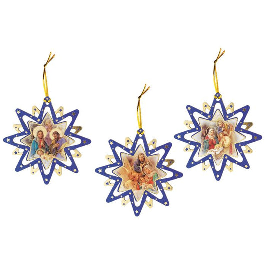 Nativity Blue Star Ornament Assortment Set of Three