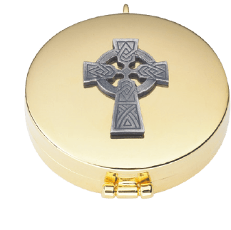 Raised Pewter Celtic Cross Pyx | 24K Gold Plate | Satin Inside | Holds 7 Hosts