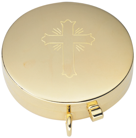 Ornate Cross Engraved Pyx | 24K Gold Plate | Satin Interior | Holds 7 Hosts