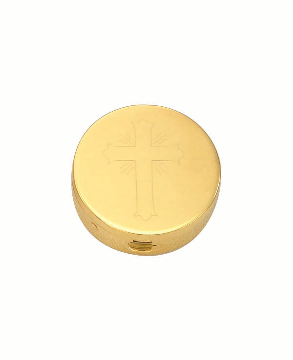 Ornate Cross Engraved Pyx | 24K Gold Plate | High Polish Interior | Holds 7 Hosts