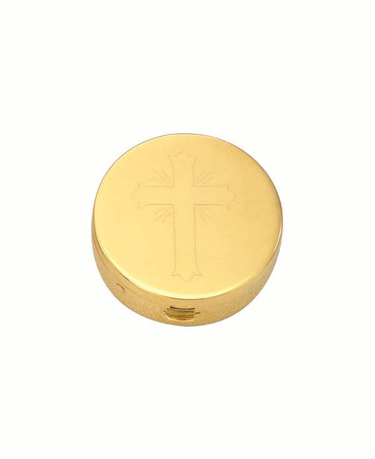 Ornate Cross Engraved Pyx | 24K Gold Plate | High Polish Interior | Holds 7 Hosts