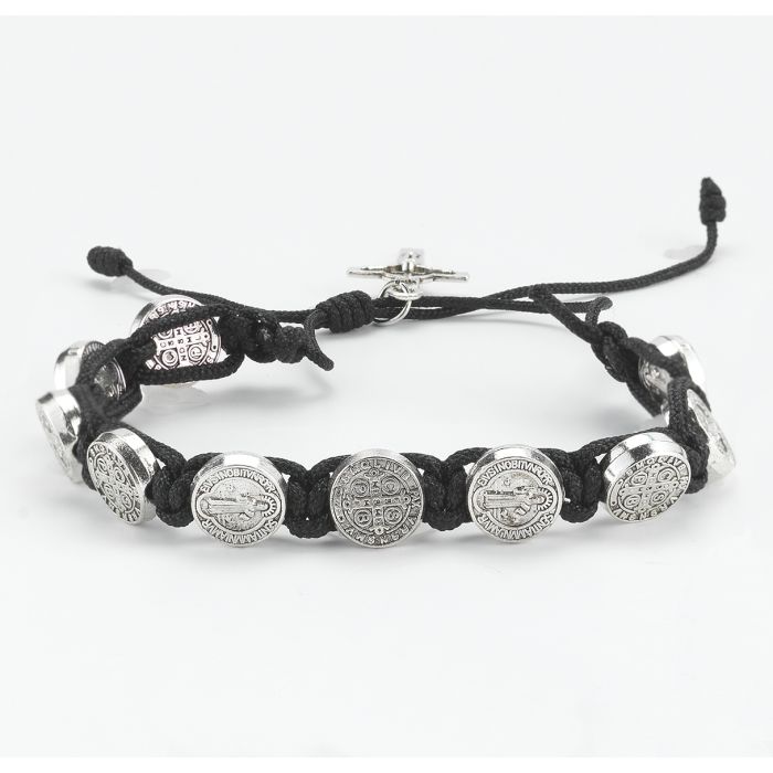 Silver Oxidized Saint Benedict Medal Beads Knot Bracelet