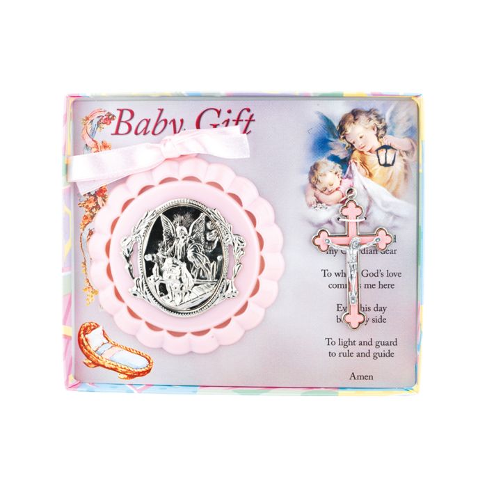 Pink Guardian Angel Crib Medal with Crucifix