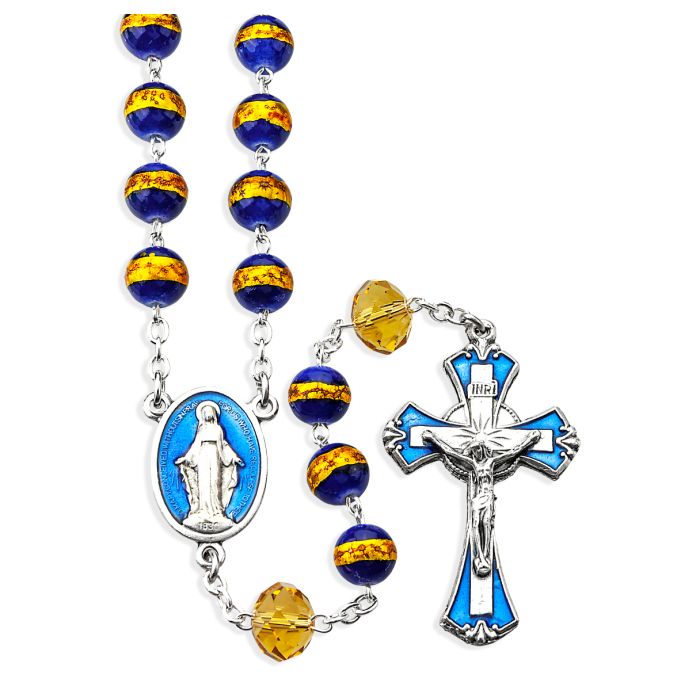 8mm Sapphire and Gold Foiled Glass Bead Rosary with Epoxied Center and Crucifix
