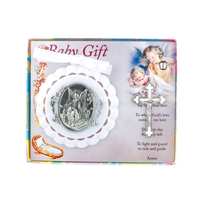 White Guardian Angel Crib Medal with Crucifix