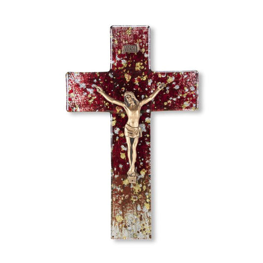 10" Gold and Silver Random Speck Red Tone Glass Crucifix