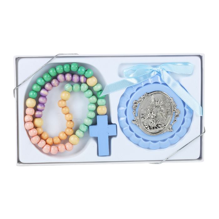 Angel Crib Medal with Pastel Wood Rosary