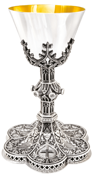 Ornate Engraved Chalice & Paten | 8-7/8", 11oz. | Silver Plated | 24K Gold Lined