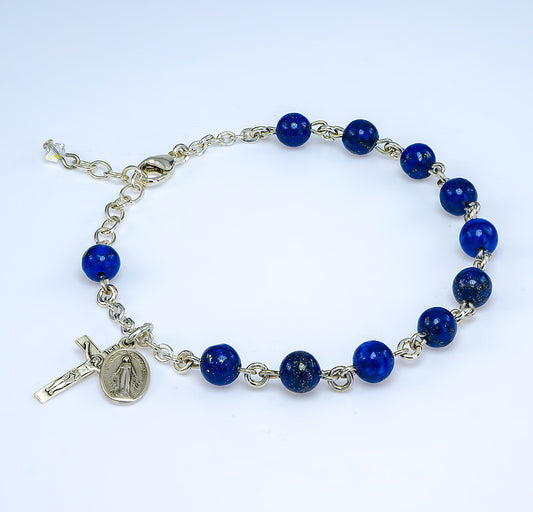 Genuine Lapis Round Sterling Silver Rosary Bracelet