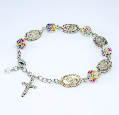 Saint Therese Sterling Silver Medals Bracelet | 8mm Glass Beads