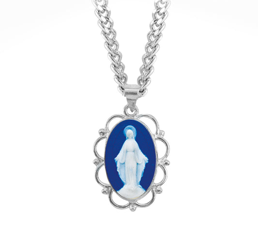 Dark Blue Sterling Silver Cameo Miraculous Medal | 18" Curb Chain