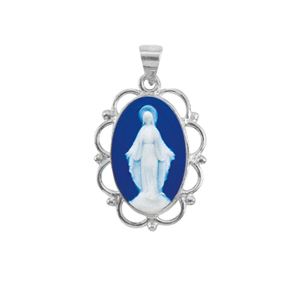 Dark Blue Sterling Silver Cameo Miraculous Medal | 18" Curb Chain