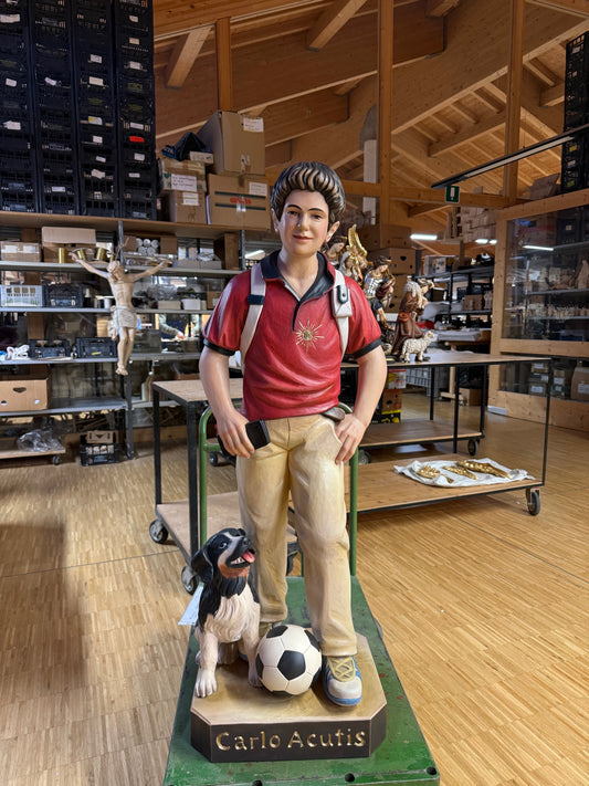 Saint Carlo Acutis with Dog and Ball | Hand Carved in Italy | Multiple Sizes