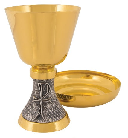 Chi Rho Silver Base Chalice & Bowl Paten | 6-3/4", 16oz. | 24K Gold Plated
