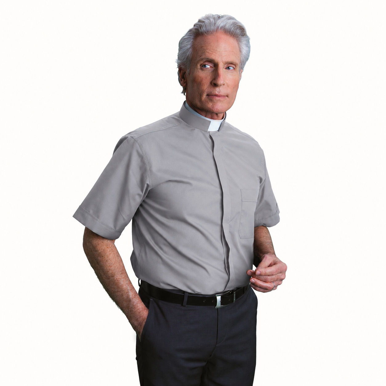 Light Grey Romano Clergy Shirt | Tonsure Collar | Short Sleeve | Poly/Cotton | Made in Italy