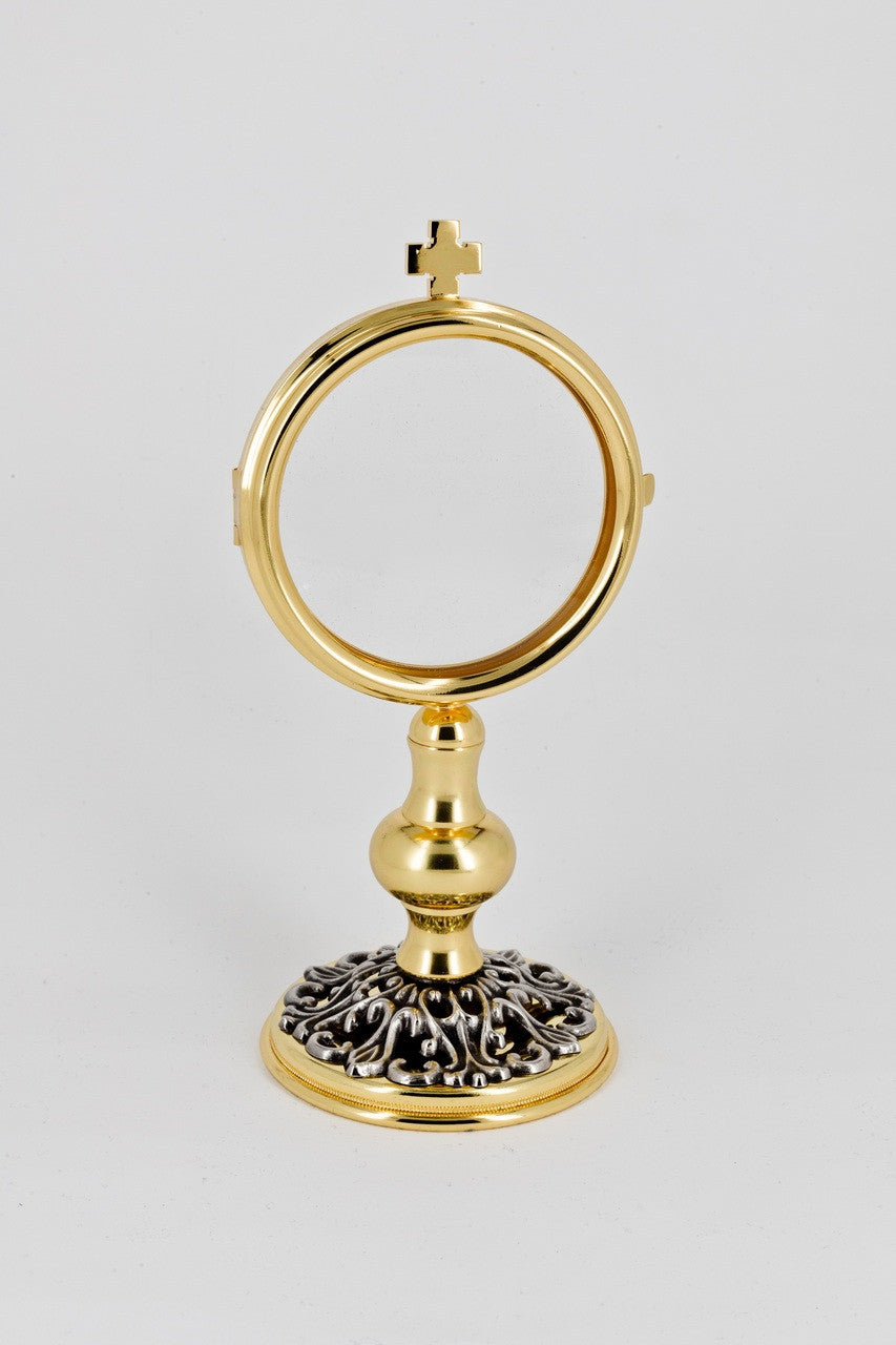 #728/AO Brass Chapel Monstrance with Filigree Base | 6-3/4"H | 2-3/4" Luna | Gold & Silver Plated | Handmade in Italy