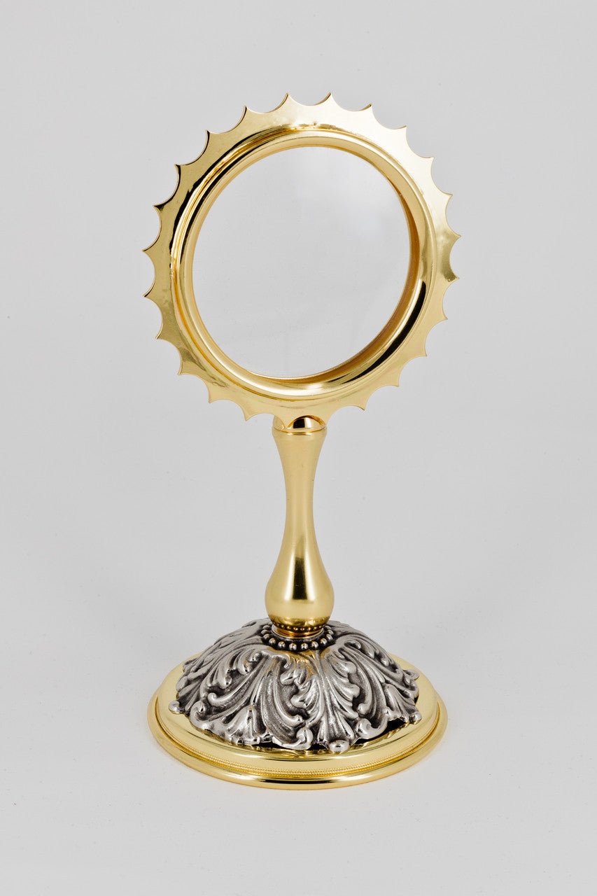 #729/AO Brass Chapel Monstrance with Filigree Base | 7-1/2"H | 2-3/4" Luna | Gold & Silver Plated | Handmade in Italy