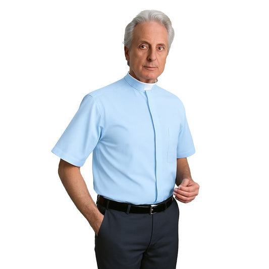 Light Blue Romano Clergy Shirt | Tonsure Collar | Short Sleeve | Poly/Cotton | Made in Italy