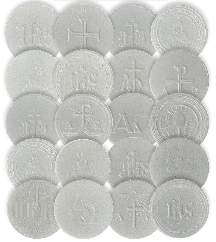 2-7/8" White Hosts with Embossed Liturgical Designs | Assorted Rolls of 100 | Made in Poland