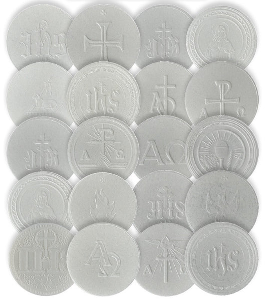 2-7/8" White Hosts with Embossed Liturgical Designs | Assorted Rolls of 100 | Made in Poland