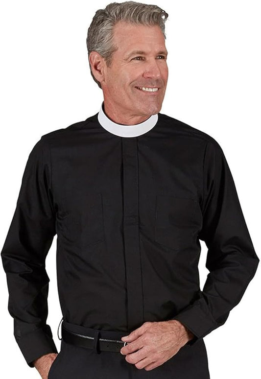 Black Clergy Shirt | Neckband Collar | Long Sleeve | Poly/Cotton