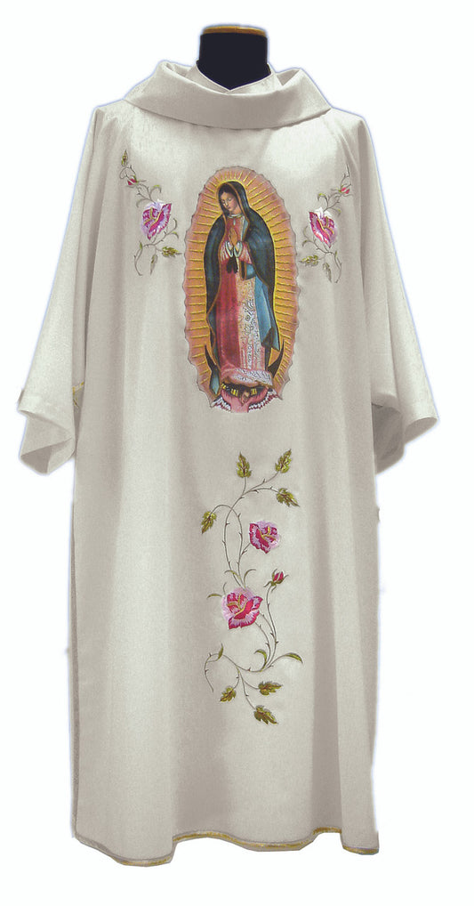 Embroidered Our Lady of Guadalupe Marian Dalmatic | Roll Collar | Mixed Wool