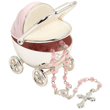 Caroline Collection Baby Carriage Keepsake Box & Rosary Set | Pink & Blue