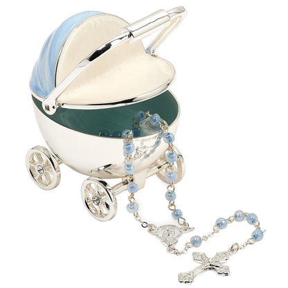 Caroline Collection Baby Carriage Keepsake Box & Rosary Set | Pink & Blue