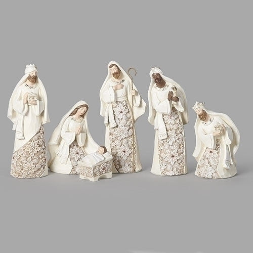 7" Poinsetta Pattern Nativity Set | 6 Pieces | Resin/Stone