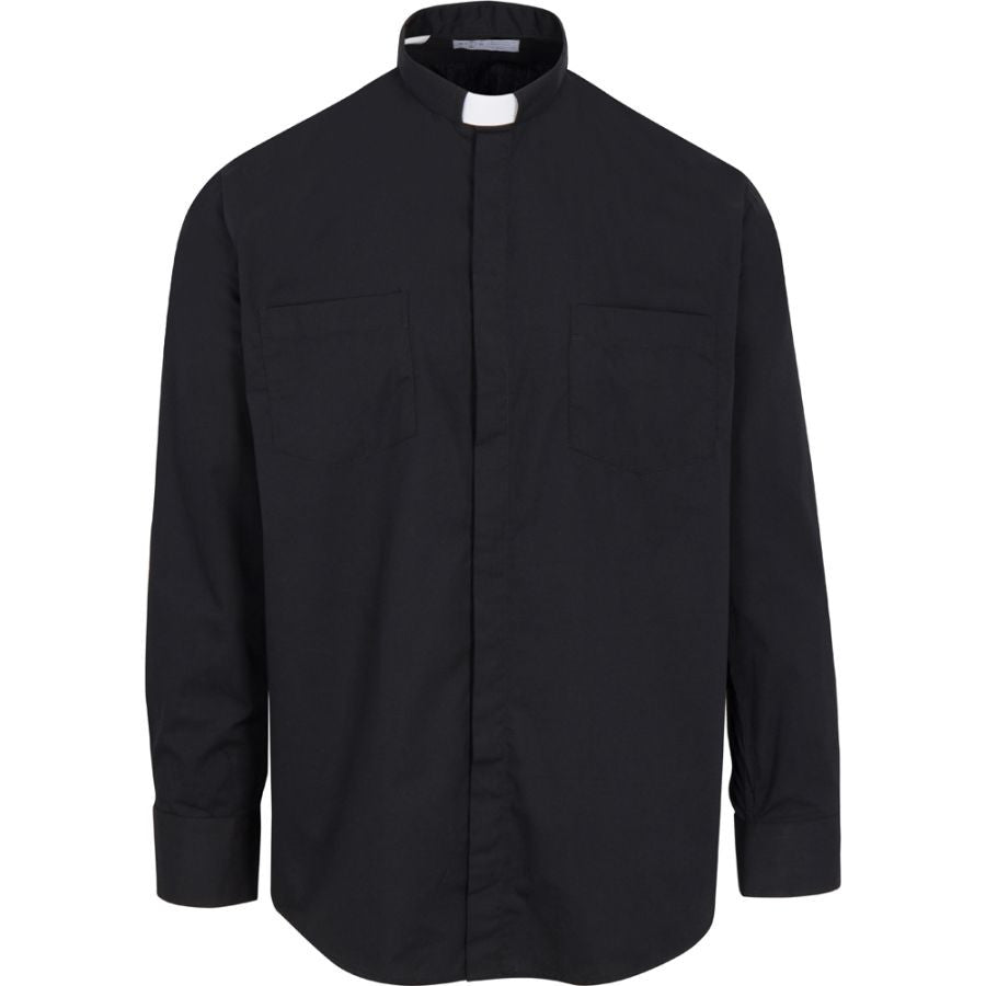Black Clergy Shirt | Tab Collar | Long Sleeve | Poly/Cotton