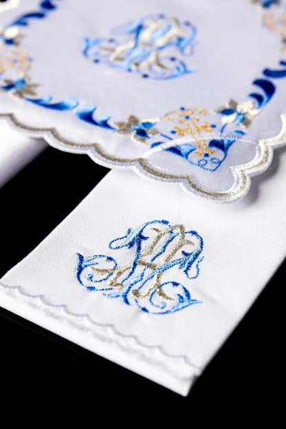 Embroidered Blue Trim Marian Altar Linen Set