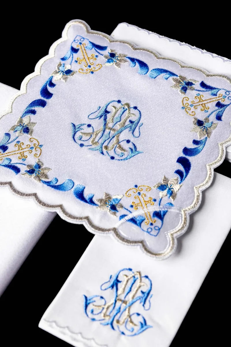 Embroidered Blue Trim Marian Altar Linen Set