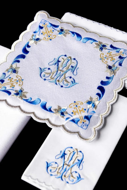 Embroidered Blue Trim Marian Altar Linen Set
