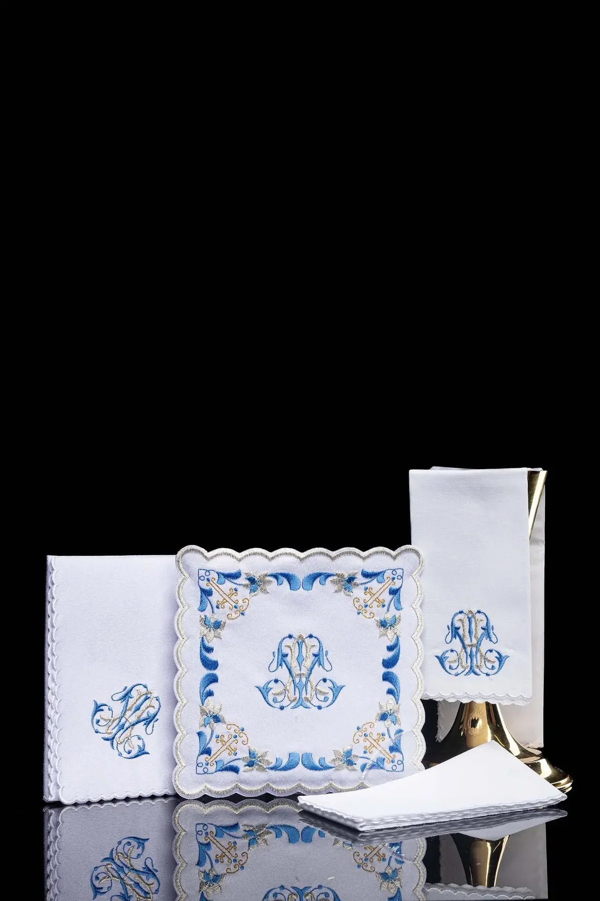 Embroidered Blue Trim Marian Altar Linen Set
