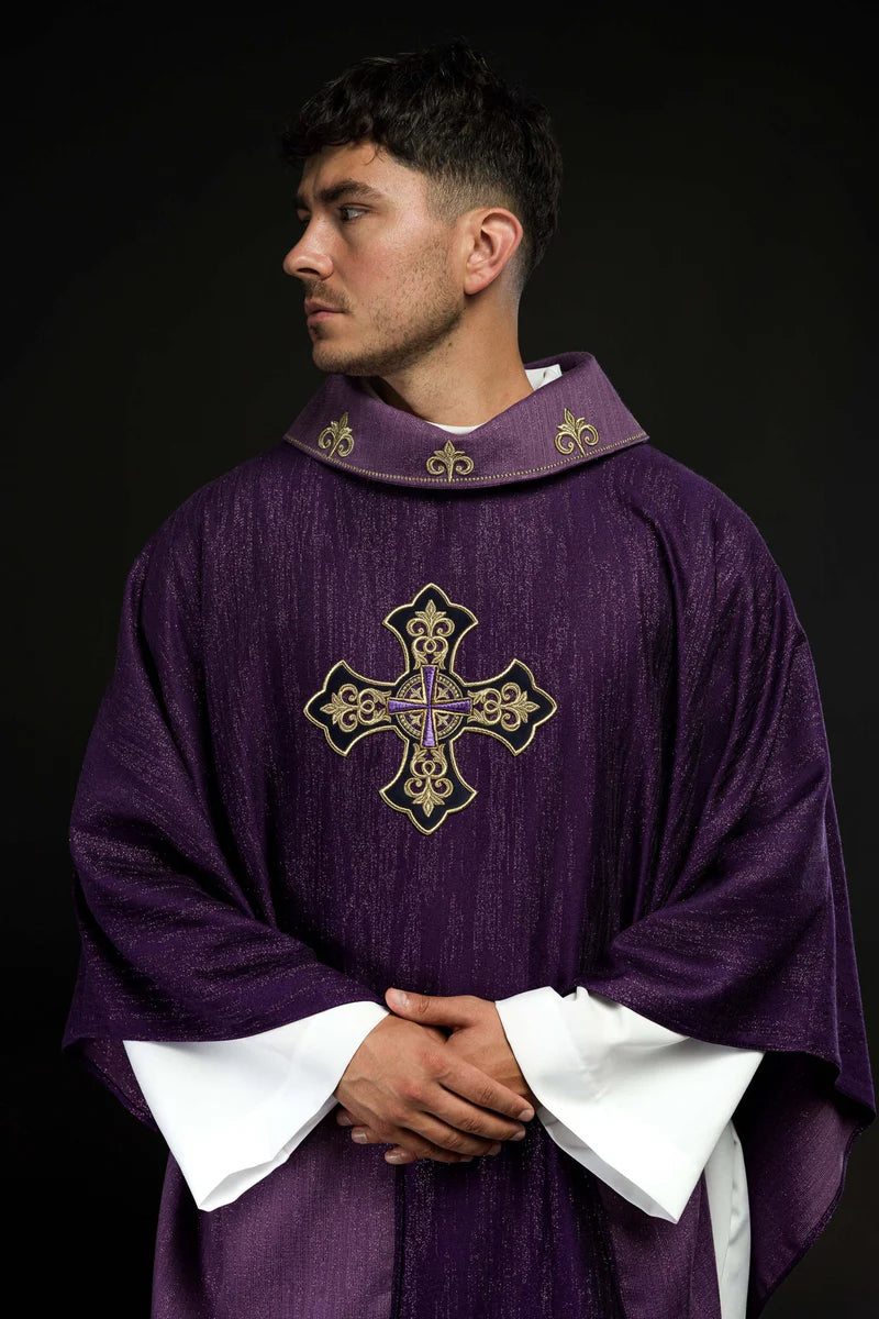 Embroidered Cross Motif Chasuble with Decorative Fabric | All Colors