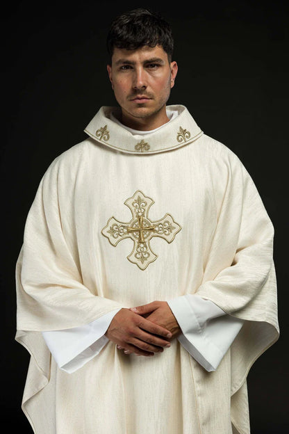 Embroidered Cross Motif Chasuble with Decorative Fabric | All Colors