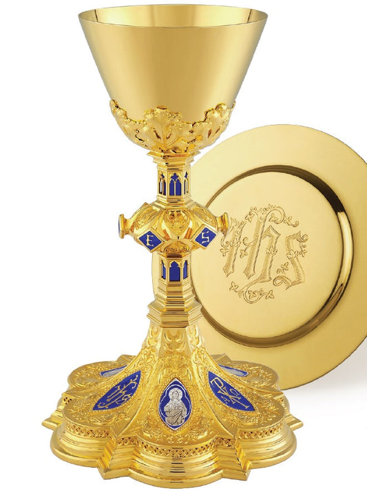 Neo-Gothic Holy Family Chalice & IHS Well Paten | 10", 12oz. | 24K Gold Plated | Made in Poland