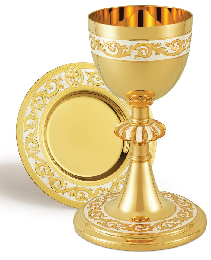 Ornate Chalice & Matching Well Paten | 8", 10oz. | 24K Gold Plated | Made in Poland