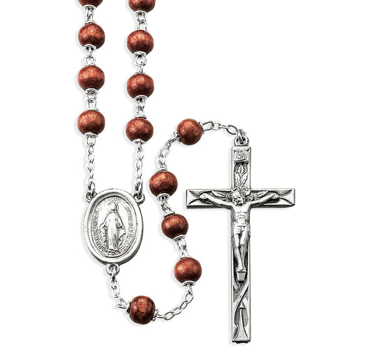 6mm Brown Oval Wood Bead Rosary with Pewter Crucifix and Center