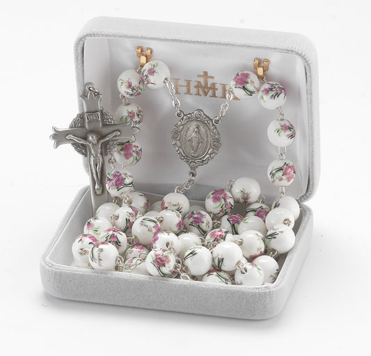 White and Pink Glass Flower Bead New England Pewter Rosary | 10mm Beads