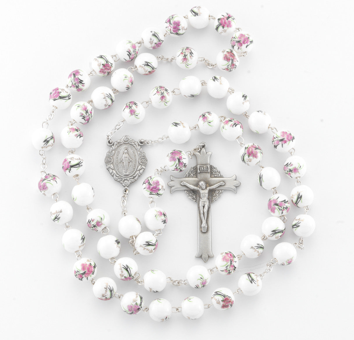 White and Pink Glass Flower Bead New England Pewter Rosary | 10mm Beads