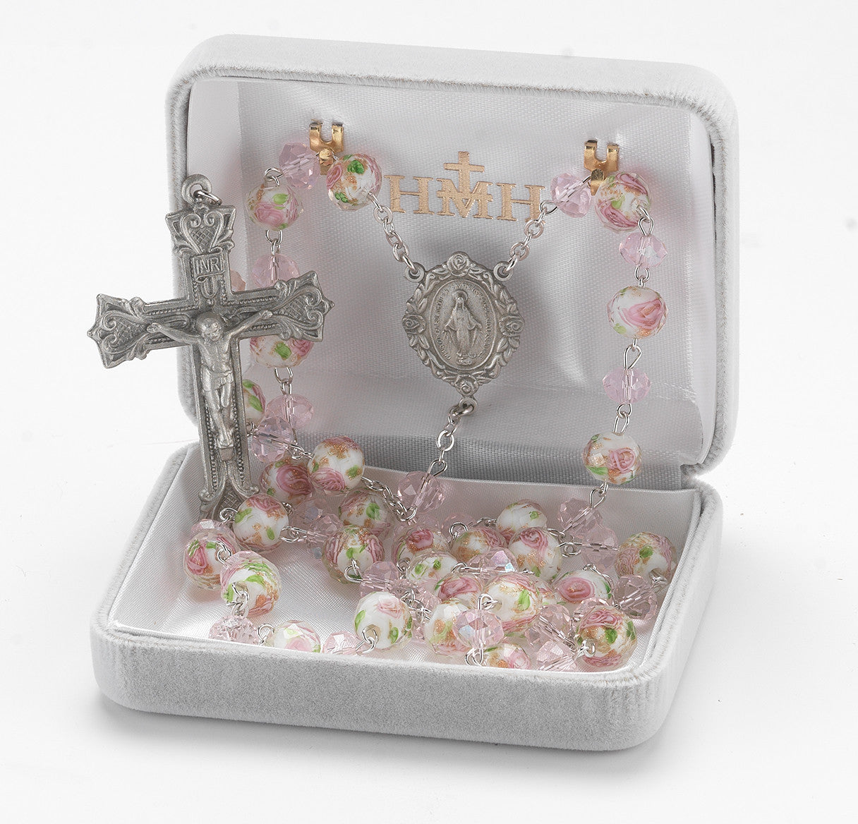 White and Pink Glass Flower Bead New England Pewter Rosary | 8mm Beads