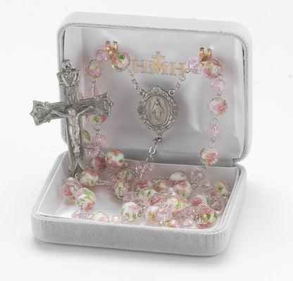 White and Pink Glass Flower Bead New England Pewter Rosary | 8mm Beads