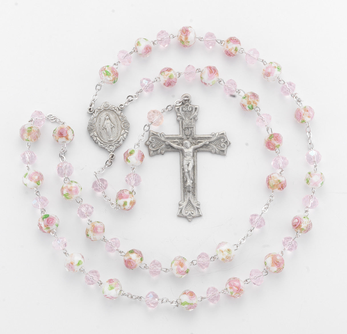 White and Pink Glass Flower Bead New England Pewter Rosary | 8mm Beads