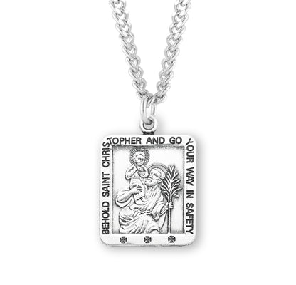 Saint Christopher Square Sterling Silver Medal | 24" Chain