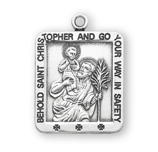 Saint Christopher Square Sterling Silver Medal | 24" Chain