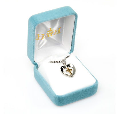 Two-Tone Sterling Silver Cross in Heart Pendant