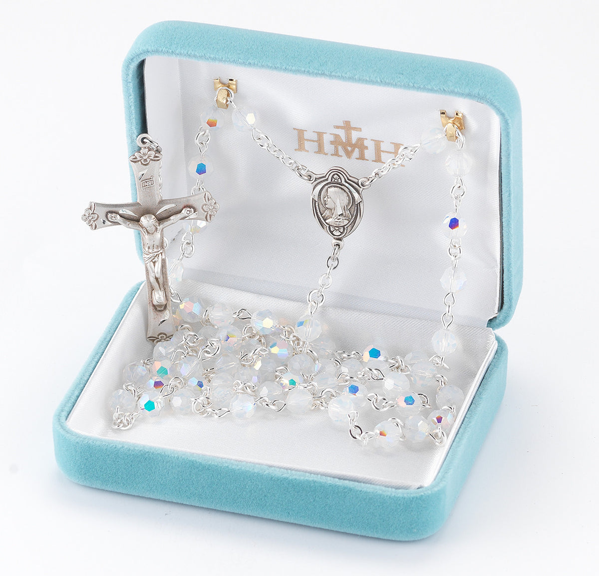 Round Opal Swarovski Crystal Sterling Silver Rosary